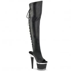Pleaser SPECTATOR-3019 Black Faux Leather/Clear Thigh Boot