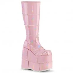 Demonia Boots STACK-301 Baby Pink Hologram Knee Boot