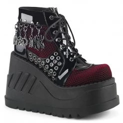 Demonia STOMP-18 Black Patent-Burgundy Velvet Ankle Boot Boots