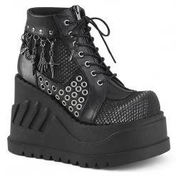 Demonia STOMP-18 Black Vegan Leather-Grey Velvet Ankle Boot