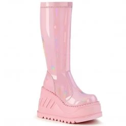 Demonia Boots STOMP-200 Baby Pink Hologram Stretch Patent Knee Boot