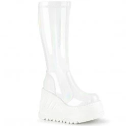 Demonia STOMP-200 White Hologram Stretch Patent Knee Boot