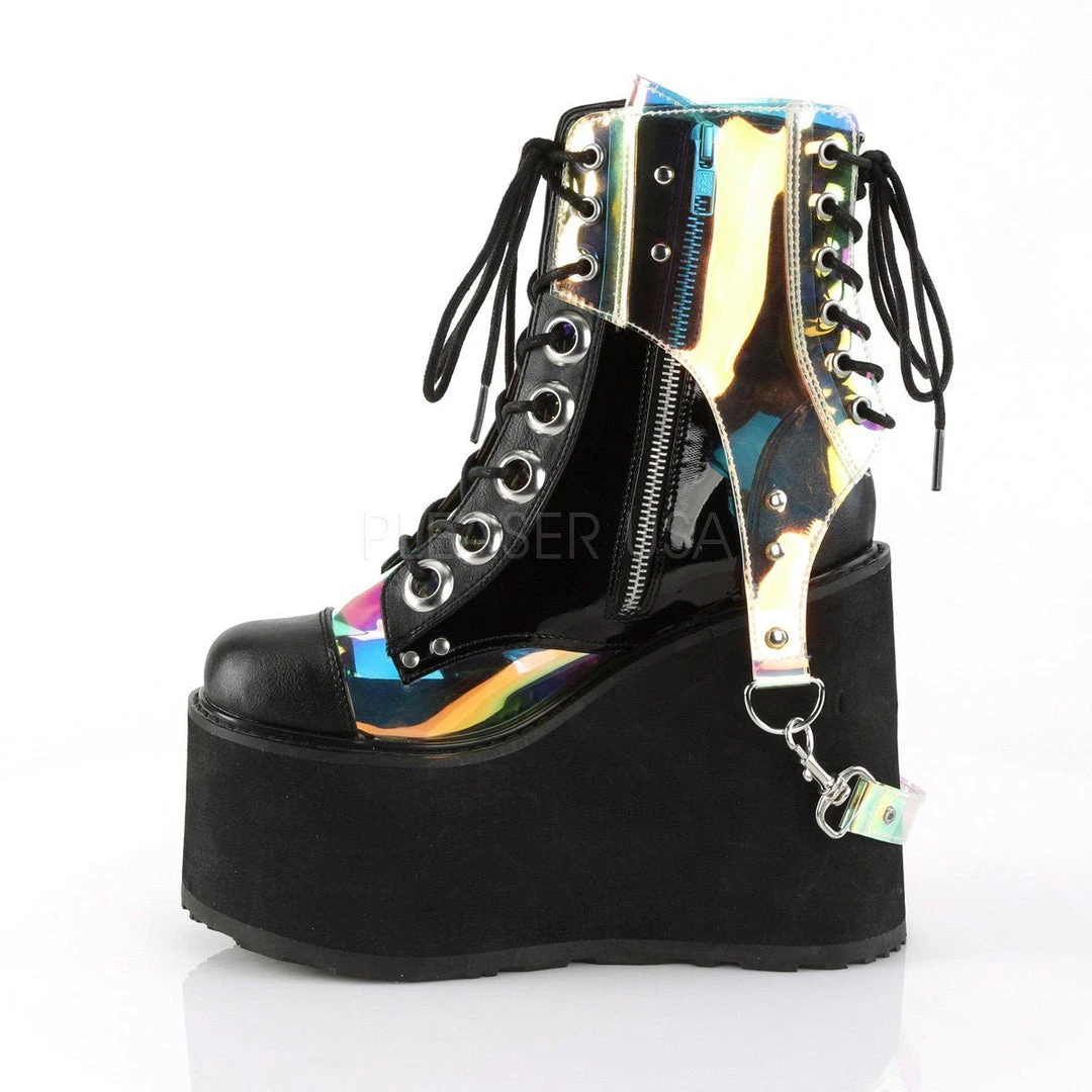 Demonia Boots SWING-115 Black Vegan Leather-Patent -Clear Hologram PVC Ankle Boot 5 Demonia Boots SWING-115 Black Vegan Leather-Patent -Clear Hologram PVC Ankle Boot