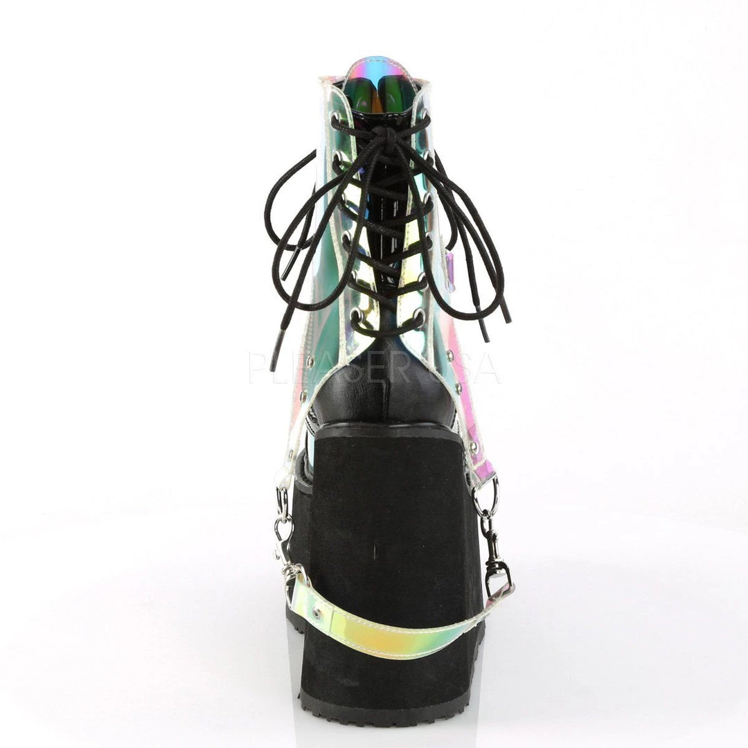 Demonia Boots SWING-115 Black Vegan Leather-Patent -Clear Hologram PVC Ankle Boot 6 Demonia Boots SWING-115 Black Vegan Leather-Patent -Clear Hologram PVC Ankle Boot