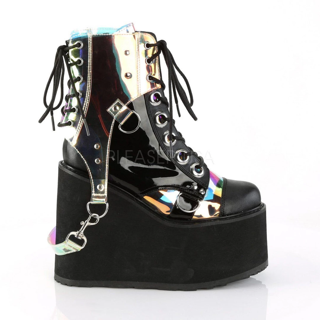 Demonia Boots SWING-115 Black Vegan Leather-Patent -Clear Hologram PVC Ankle Boot 7 Demonia Boots SWING-115 Black Vegan Leather-Patent -Clear Hologram PVC Ankle Boot