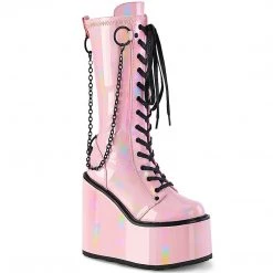 Demonia SWING-150 Baby Pink Holographic Stretch Patent Knee Boot Boots