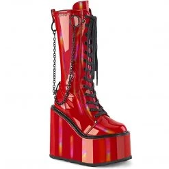 Demonia Boots SWING-150 Red Holographic Stretch Patent Knee Boot
