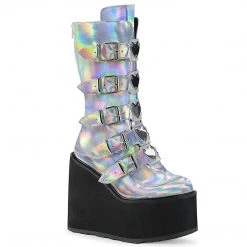 Demonia Boots SWING-230 Silver Hologram Vegan Leather Mid-Calf Boot