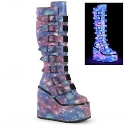 Demonia SWING-815 Purple-Blue Reflective Vegan Leather Knee Boot Boots