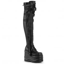 Demonia WAVE-315 Black Stretch Vegan Leather Thigh Boot Boots