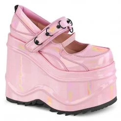 Demonia WAVE-48 Baby Pink Hologram Patent Mary Janes Shoes