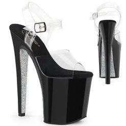 Pleaser XTREME-808CRS Clear/Black-Silver Rhinestone Platform Sandal Shoes