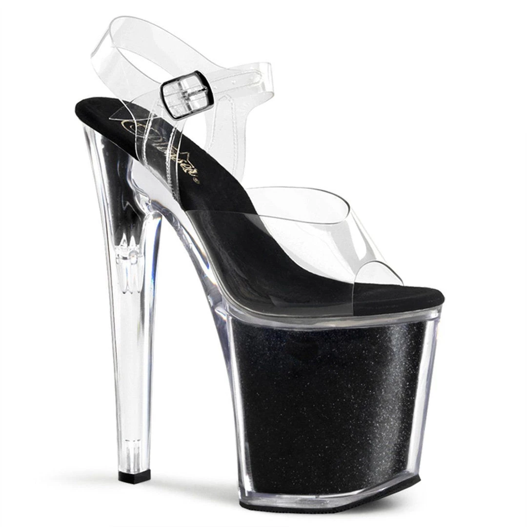 Pleaser Shoes XTREME-808G Clear/Black Glitter Platform Sandal 3 Pleaser Shoes XTREME-808G Clear/Black Glitter Platform Sandal