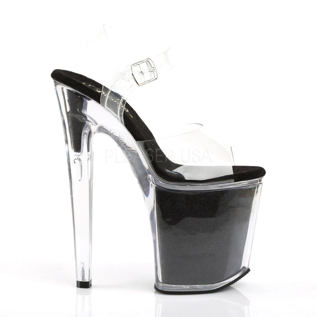 Pleaser Shoes XTREME-808G Clear/Black Glitter Platform Sandal 7 Pleaser Shoes XTREME-808G Clear/Black Glitter Platform Sandal