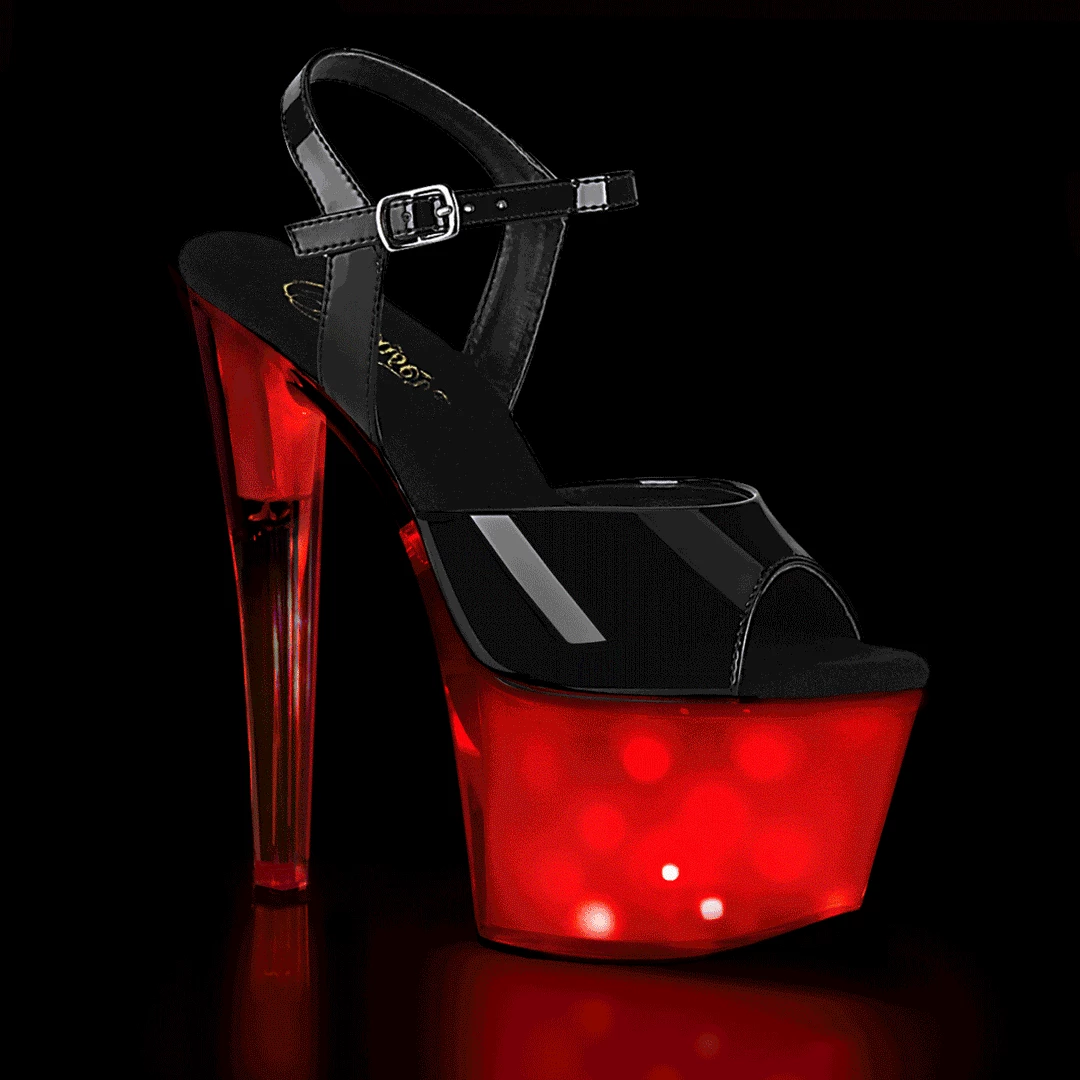Pleaser DISCOLITE-709 Black Patent/White Glow Platform Sandal Shoes 3 Pleaser DISCOLITE-709 Black Patent/White Glow Platform Sandal Shoes